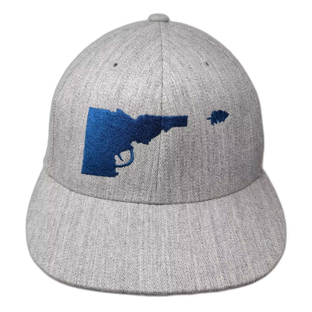 210 Fitted Baseball Cap Gray Blue 7 5/8 Hat Embroidered Gun Graphic Flat Brim